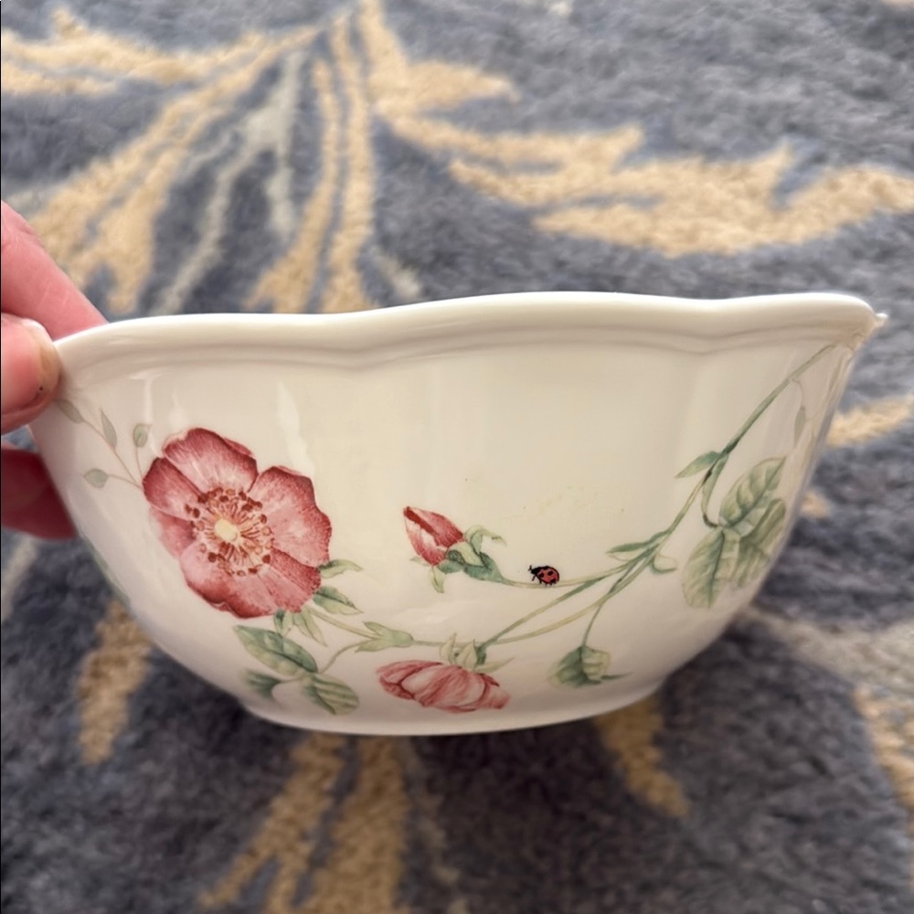 Floral Ceramic Bowl - White with Red and Green Accents